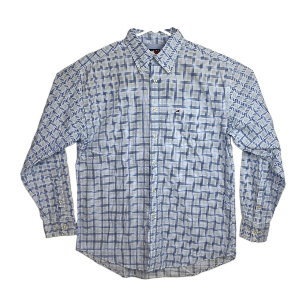 VTG Tommy Hilfiger Button-Up Shirt Men's L Blue/White Plaid Long Sleeves